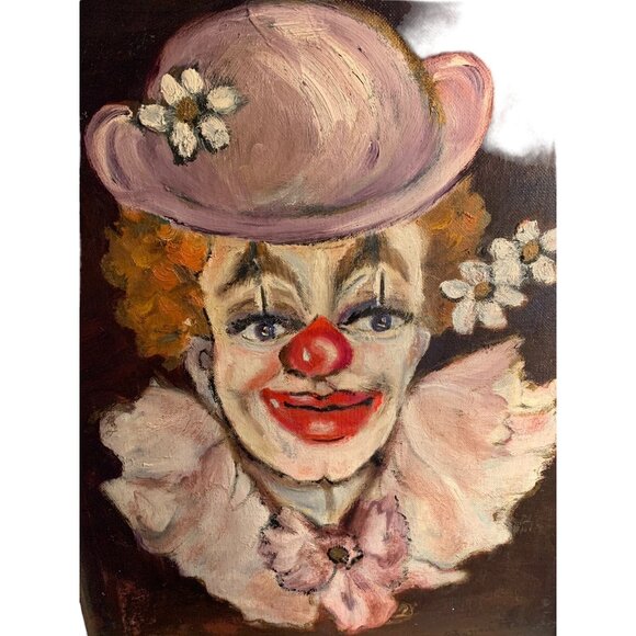 Vintage Oil On Canvas Clown Painting Artist Signed Raines? Original 14"x18" - Picture 5 of 11